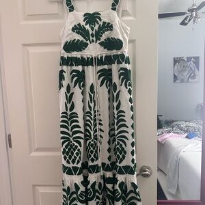 Farm Rio Embroidered Sleeveless Dress Anthropologie Palm Trees Green